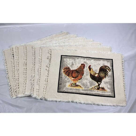 Other - Set Of 6 Rustic Rooster Placemats Fringed Edges Linen Look Cottage Farmhouse